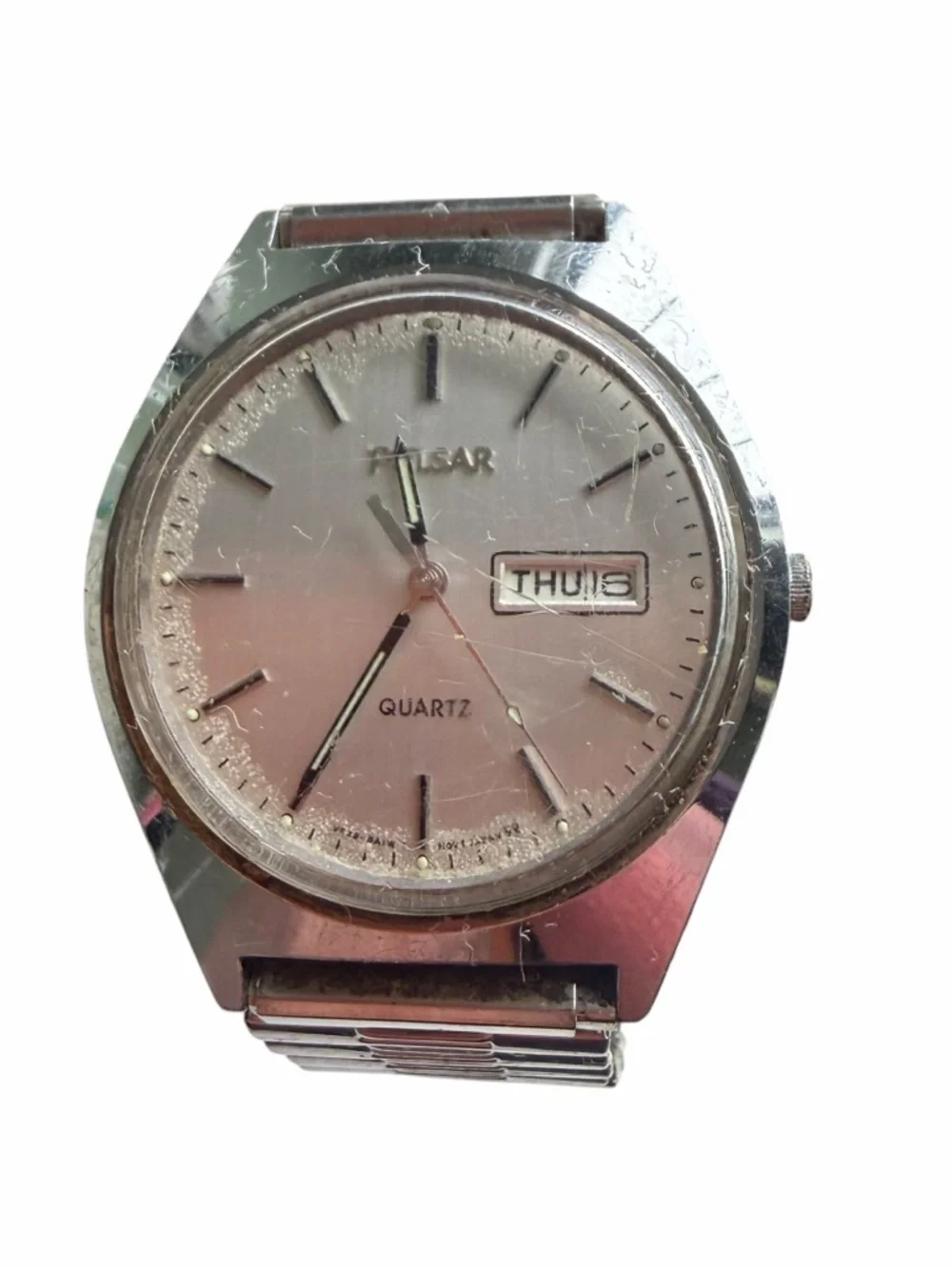 Vintage Pulsar Quartz Watch Day Date Silver Tone Stretch Band Needs Battery